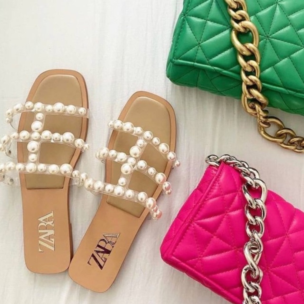 Zara Pearl-Embellished Tan Slide Sandals